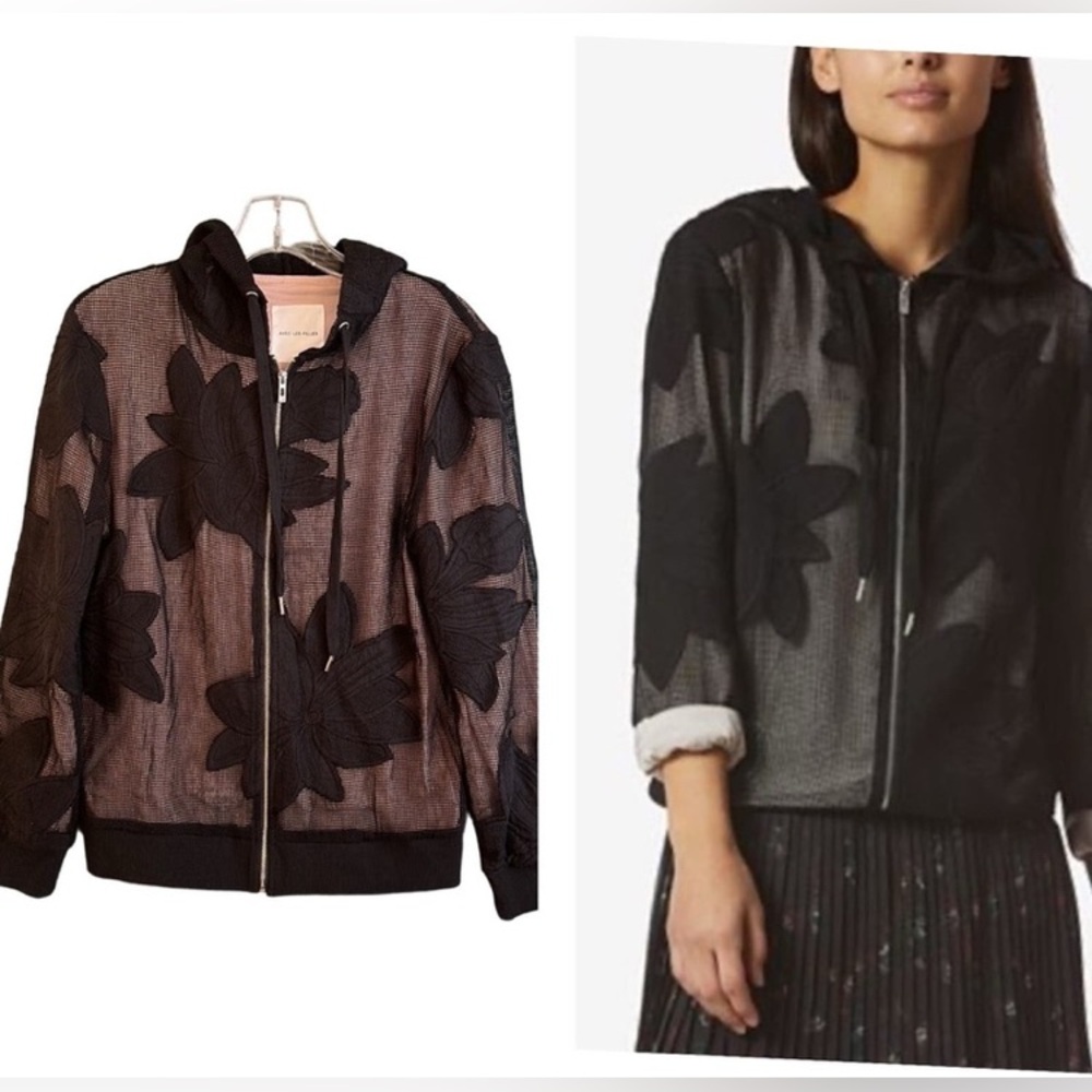 EUC Anthropologie AVEC LES FILLES Floral Mesh Hoodie Black Embroidery XS